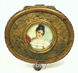 Antique French Jewelry Box Cut Crystal Gilded Dore Bronze with Miniature Portrait
