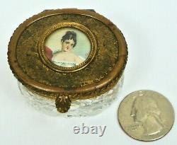 Antique French Jewelry Box Cut Crystal Gilded Dore Bronze with Miniature Portrait