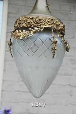 Antique French lantern chandelier brass metal crystal glass shade cut eagle rare