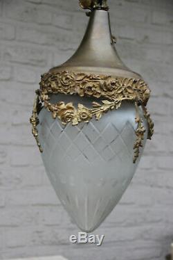 Antique French lantern chandelier brass metal crystal glass shade cut eagle rare
