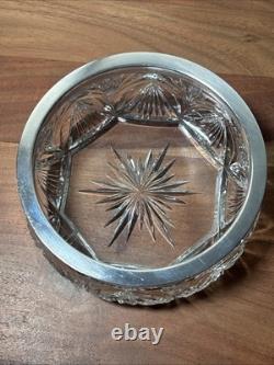 Antique German 800 Silver Rim Cut Glass Crystal Bowl Candy Dish Starburst Fan 6