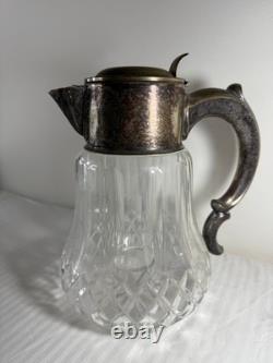 Antique German Silver-Plated Cut Crystal Pitcher with Lids & Glass Insert