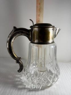 Antique German Silver-Plated Cut Crystal Pitcher with Lids & Glass Insert
