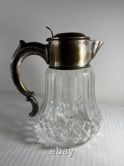 Antique German Silver-Plated Cut Crystal Pitcher with Lids & Glass Insert