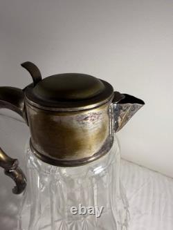 Antique German Silver-Plated Cut Crystal Pitcher with Lids & Glass Insert
