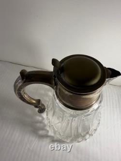 Antique German Silver-Plated Cut Crystal Pitcher with Lids & Glass Insert