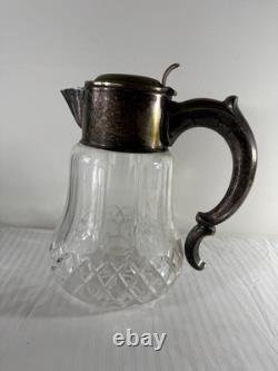 Antique German Silver-Plated Cut Crystal Pitcher with Lids & Glass Insert