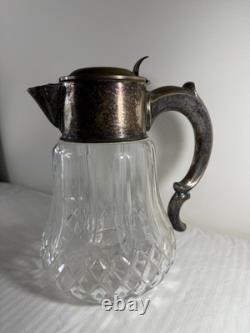 Antique German Silver-Plated Cut Crystal Pitcher with Lids & Glass Insert