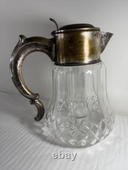 Antique German Silver-Plated Cut Crystal Pitcher with Lids & Glass Insert