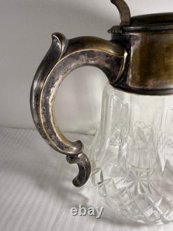 Antique German Silver-Plated Cut Crystal Pitcher with Lids & Glass Insert