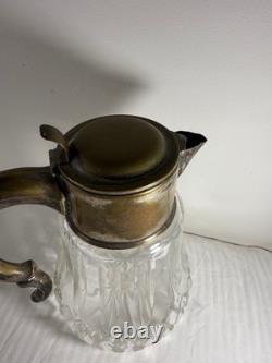 Antique German Silver-Plated Cut Crystal Pitcher with Lids & Glass Insert