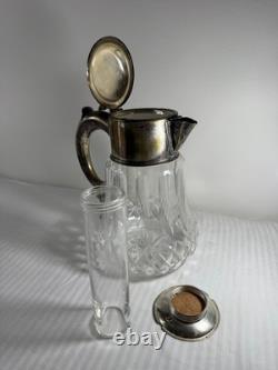 Antique German Silver-Plated Cut Crystal Pitcher with Lids & Glass Insert