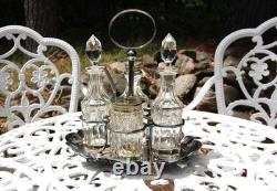 Antique Glass Cruet Set Sterling Spoon EPNS Stand Cut Crystal
