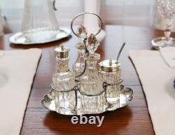 Antique Glass Cruet Set Sterling Spoon EPNS Stand Cut Crystal