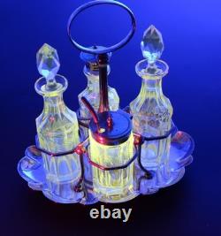 Antique Glass Cruet Set Sterling Spoon EPNS Stand Cut Crystal