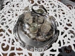 Antique Glass Cruet Set Sterling Spoon EPNS Stand Cut Crystal