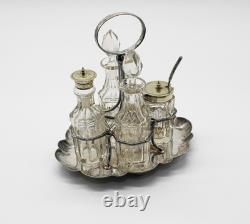 Antique Glass Cruet Set Sterling Spoon EPNS Stand Cut Crystal