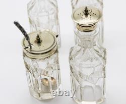 Antique Glass Cruet Set Sterling Spoon EPNS Stand Cut Crystal