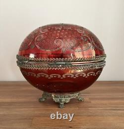 Antique Hinged Crystal Glass Cut To Clear Trinket Box Egg Oval Shape Brass Mount