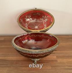 Antique Hinged Crystal Glass Cut To Clear Trinket Box Egg Oval Shape Brass Mount