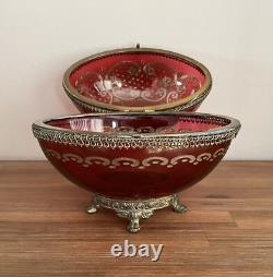 Antique Hinged Crystal Glass Cut To Clear Trinket Box Egg Oval Shape Brass Mount