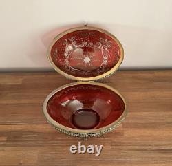 Antique Hinged Crystal Glass Cut To Clear Trinket Box Egg Oval Shape Brass Mount