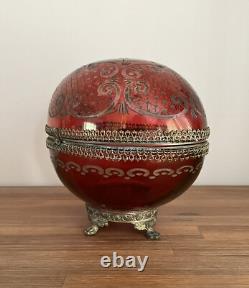 Antique Hinged Crystal Glass Cut To Clear Trinket Box Egg Oval Shape Brass Mount