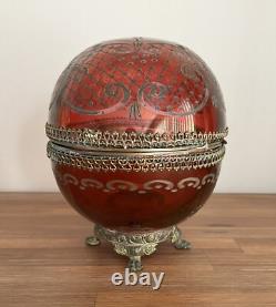 Antique Hinged Crystal Glass Cut To Clear Trinket Box Egg Oval Shape Brass Mount