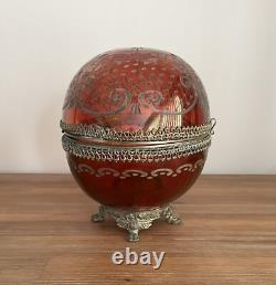 Antique Hinged Crystal Glass Cut To Clear Trinket Box Egg Oval Shape Brass Mount