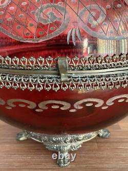 Antique Hinged Crystal Glass Cut To Clear Trinket Box Egg Oval Shape Brass Mount