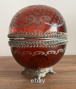Antique Hinged Crystal Glass Cut To Clear Trinket Box Egg Oval Shape Brass Mount