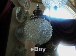 Antique Hollywood Regency Cut Glass Swag Hanging Lamp (3) Cut Crystal Globes