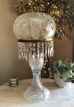 Antique Huge 26 Cut Glass Crystal Mushroom Shade Lamp All Prisms