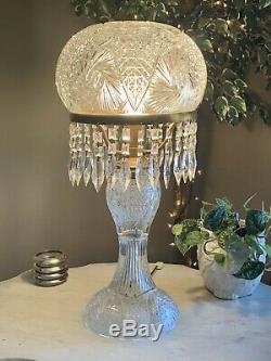 Antique Huge 26 Cut Glass Crystal Mushroom Shade Lamp All Prisms