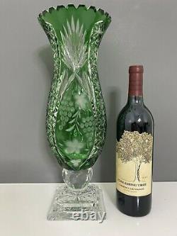 Antique Large Crystal Green Cut to Clear Bohemian Vase Floral Pattern 15.5 In