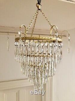 Antique Lead Crystal Chandelier Four Tier Ceiling Light Cut Glass Drops 1880s