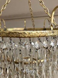 Antique Lead Crystal Chandelier Four Tier Ceiling Light Cut Glass Drops 1880s