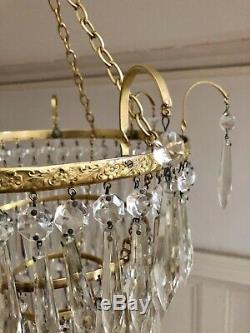 Antique Lead Crystal Chandelier Four Tier Ceiling Light Cut Glass Drops 1880s