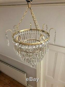 Antique Lead Crystal Chandelier Four Tier Ceiling Light Cut Glass Drops 1880s