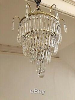 Antique Lead Crystal Chandelier Four Tier Ceiling Light Cut Glass Drops 1880s