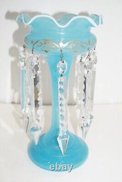 Antique Light Blue Opaline Glass Mantle Luster Vase withFrench Cut Crystal Prisms