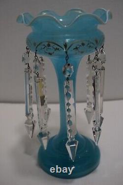 Antique Light Blue Opaline Glass Mantle Luster Vase withFrench Cut Crystal Prisms