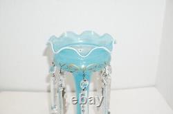 Antique Light Blue Opaline Glass Mantle Luster Vase withFrench Cut Crystal Prisms