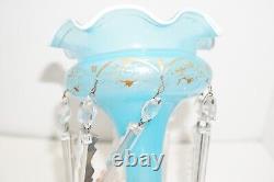 Antique Light Blue Opaline Glass Mantle Luster Vase withFrench Cut Crystal Prisms