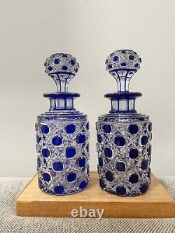 Antique Manner of Baccarat Cut Crystal Glass Cobalt & Clear Pair Perfume Bottles