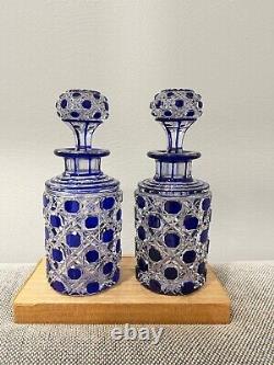 Antique Manner of Baccarat Cut Crystal Glass Cobalt & Clear Pair Perfume Bottles