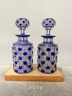 Antique Manner of Baccarat Cut Crystal Glass Cobalt & Clear Pair Perfume Bottles