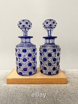 Antique Manner of Baccarat Cut Crystal Glass Cobalt & Clear Pair Perfume Bottles