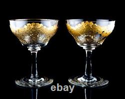 Antique Moser Czech Bohemian Intaglio Cut Crystal Gold Large Goblets Set of 2