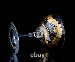 Antique Moser Czech Bohemian Intaglio Cut Crystal Gold Large Goblets Set of 2